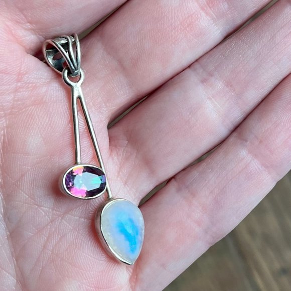 *Moonstone & Mystic Topaz* Unique Pendant | Silver Necklace | Asymmetrical, NWOT - Picture 2 of 10